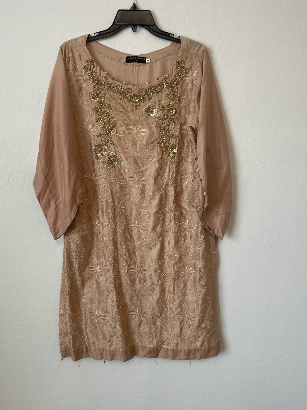Agha Noor Embroidered Kurta Pakistani Pink Gold Tunic L